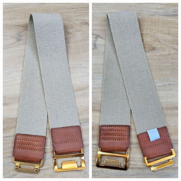 💜Tan w/Gold Toned Interlocking Buckle Wide Elastic Belt - Picture 2 of 7
